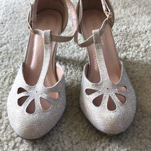 T strap gold kitten heels